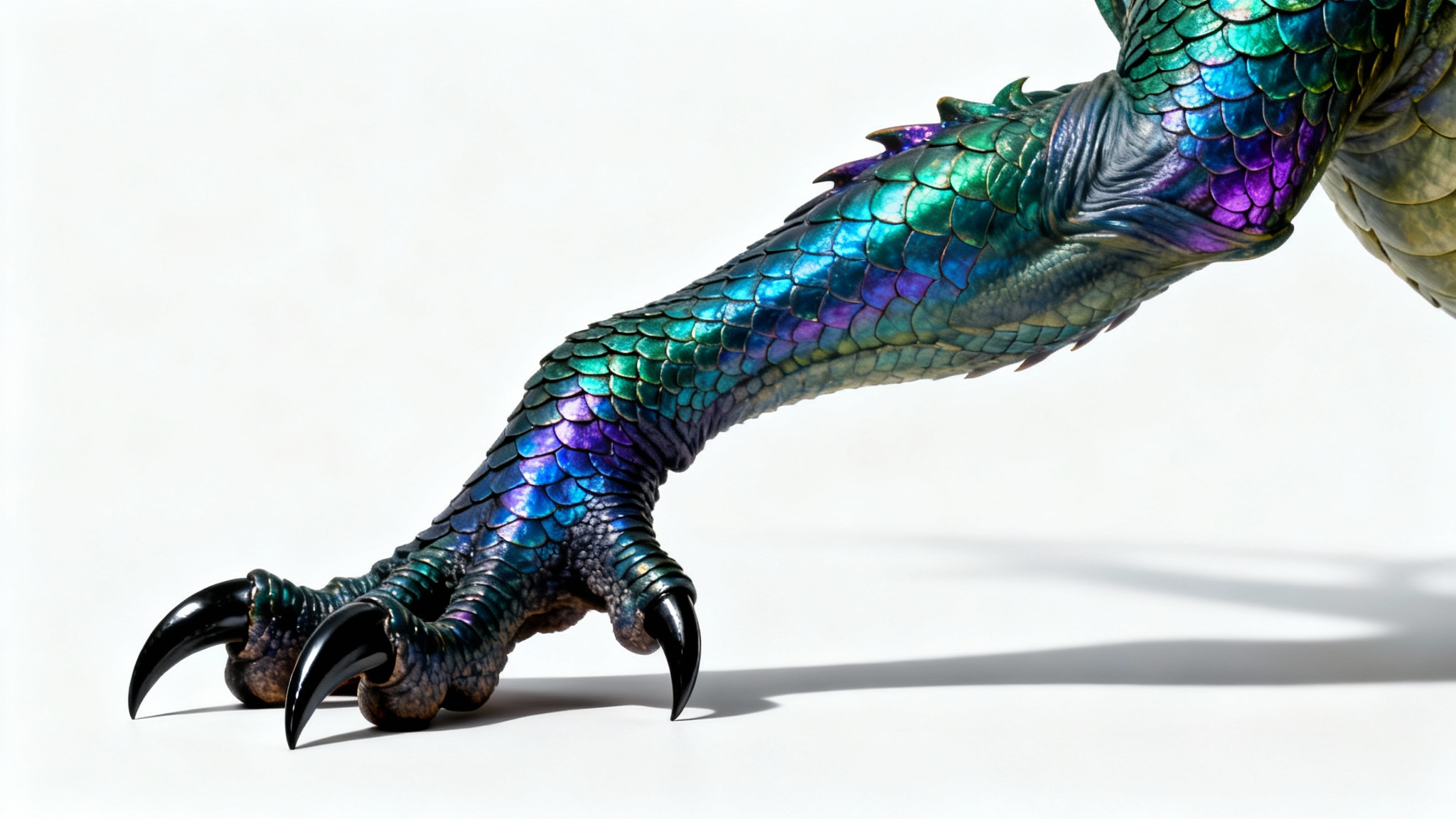 A hyper-realistic concept art illustration of a single, powerful dragon's leg and foot, covered in iridescent green and blue scales with sharp black talons, set against a plain white background.