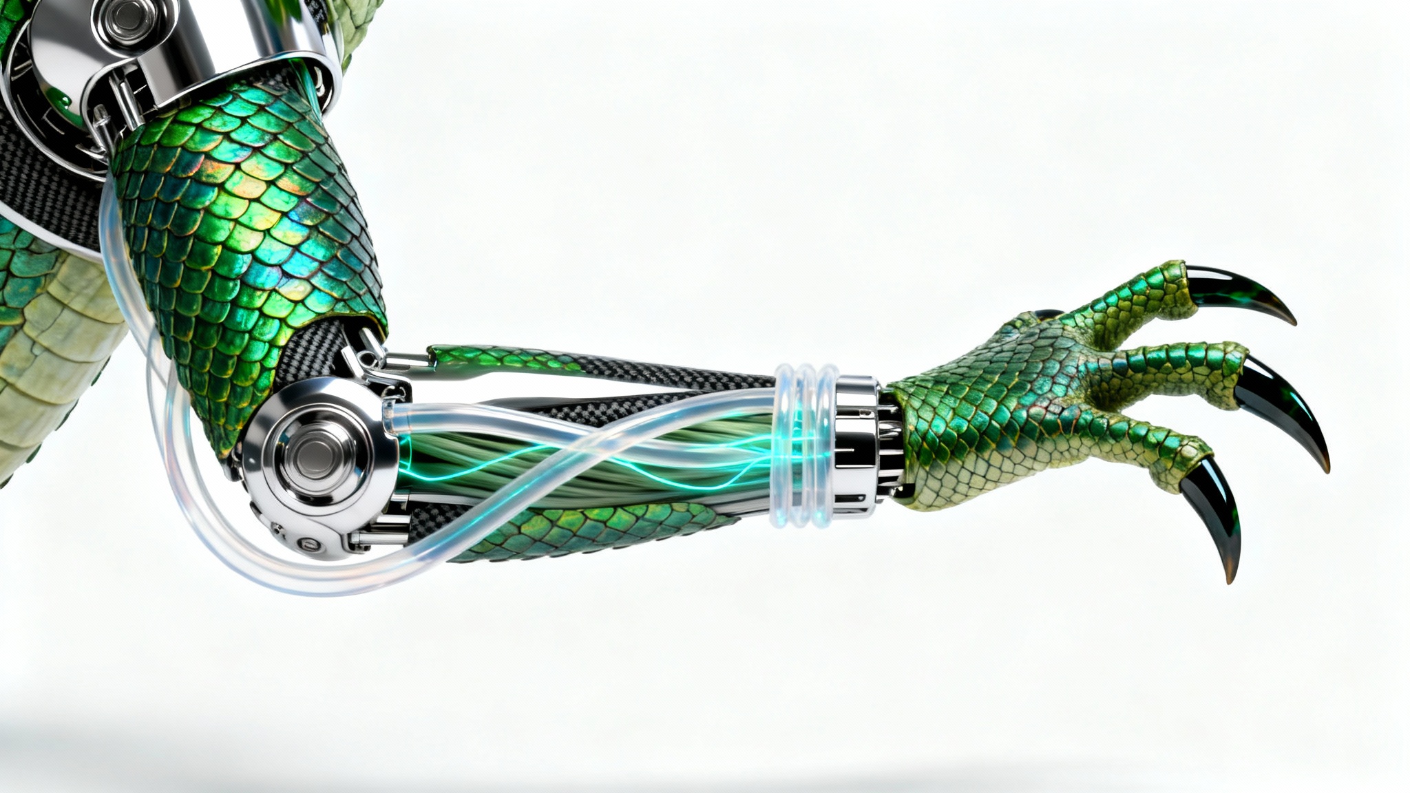 A photorealistic mockup of a fantastical creature's limb, half reptilian with green scales and half biomechanical with chrome parts, set against a plain white background.