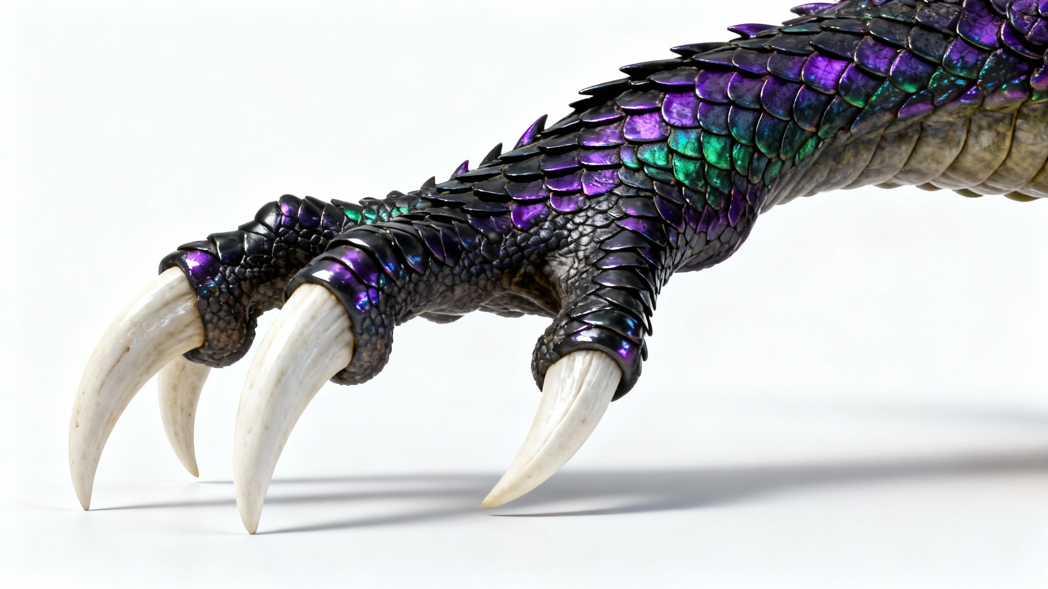 A photorealistic concept art image of a single, powerful dragon-like limb with iridescent black scales and sharp white claws, set against a clean white background.