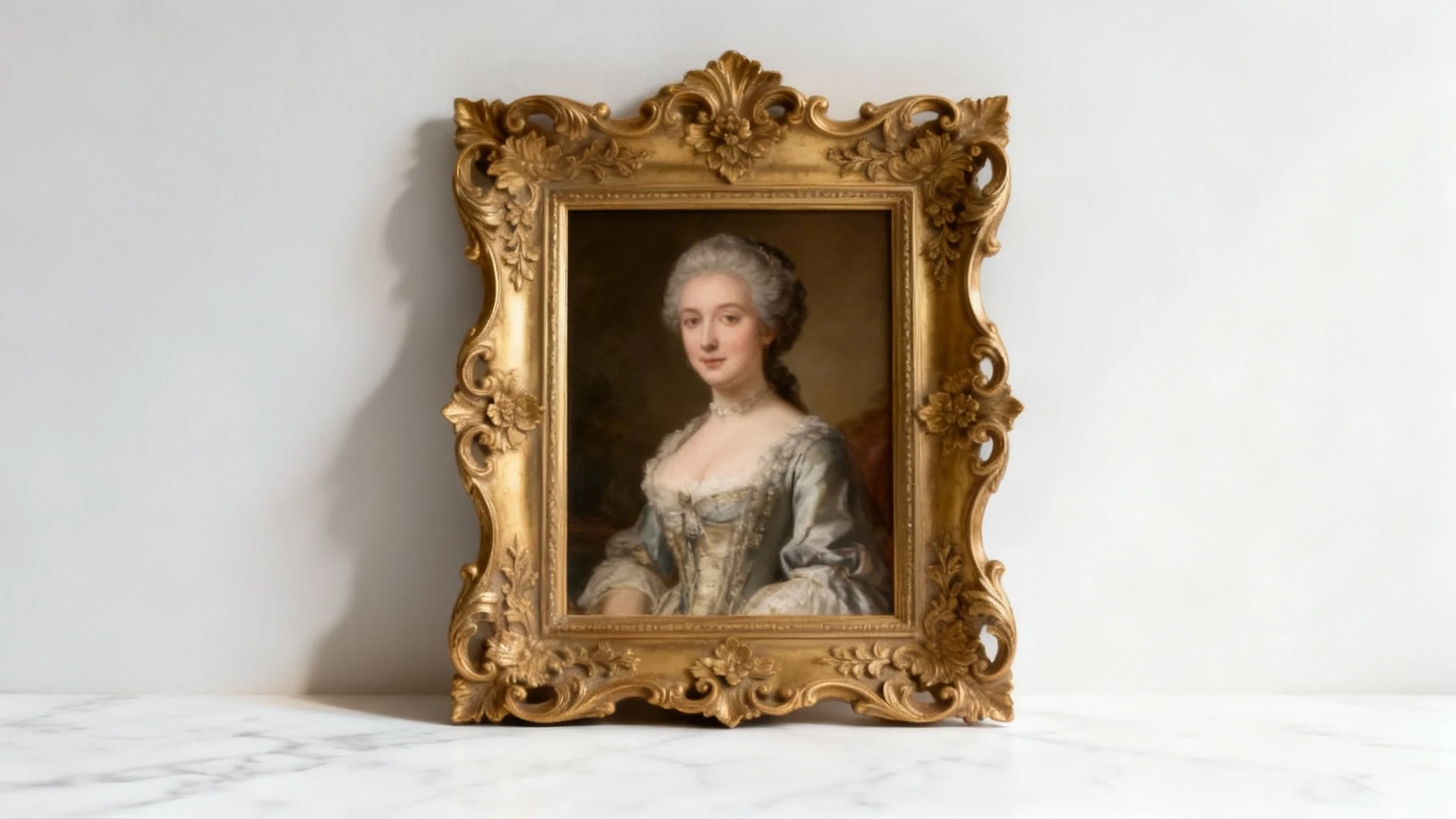 A beautiful classical portrait of an elegant woman displayed in an ornate, gold rococo picture frame, sitting on a clean, modern surface.