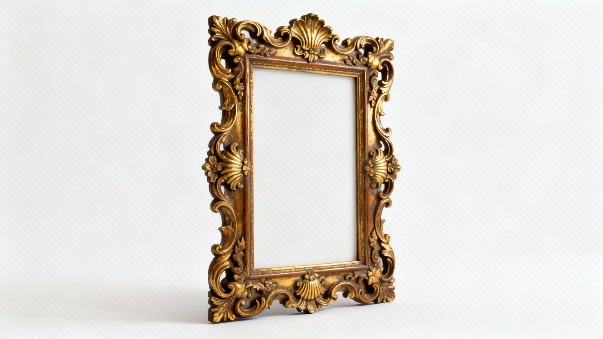 A close-up product photo of a luxurious, gold-gilded Rococo picture frame with intricate, swirling carvings, standing vertically on a plain white background.