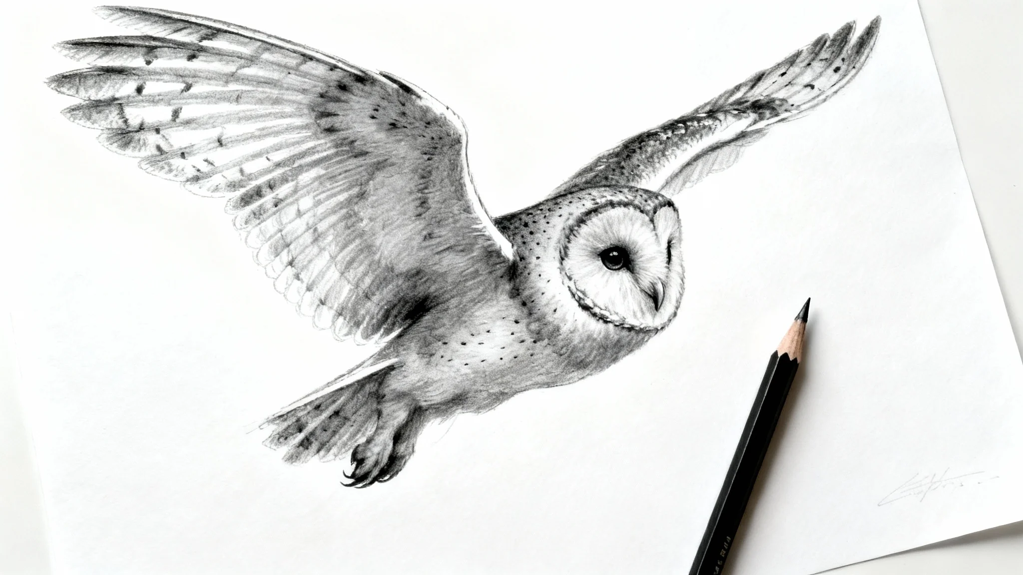 A hyper-realistic graphite pencil drawing of a barn owl on a white background, with a pencil resting on the partially finished artwork.