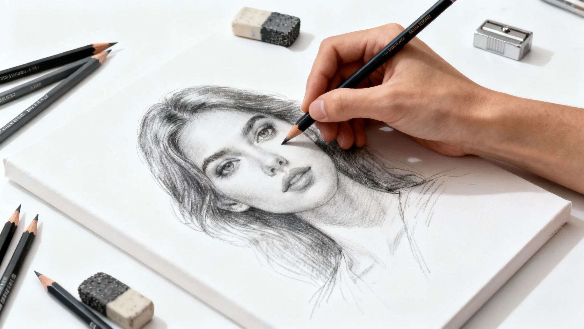 A hyper-realistic photo of a hand drawing a detailed portrait on a white canvas, surrounded by drawing tools on a clean white background.