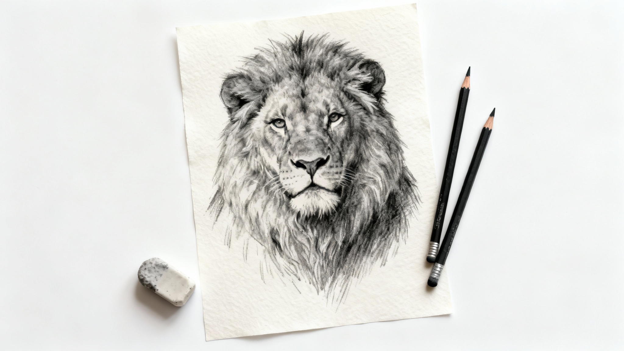 A detailed charcoal drawing of a lion's head on a sheet of paper, displayed on a white surface next to two charcoal pencils and an eraser.