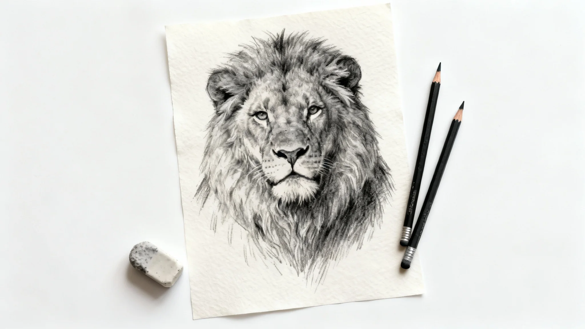 A detailed charcoal drawing of a lion's head on a sheet of paper, displayed on a white surface next to two charcoal pencils and an eraser.