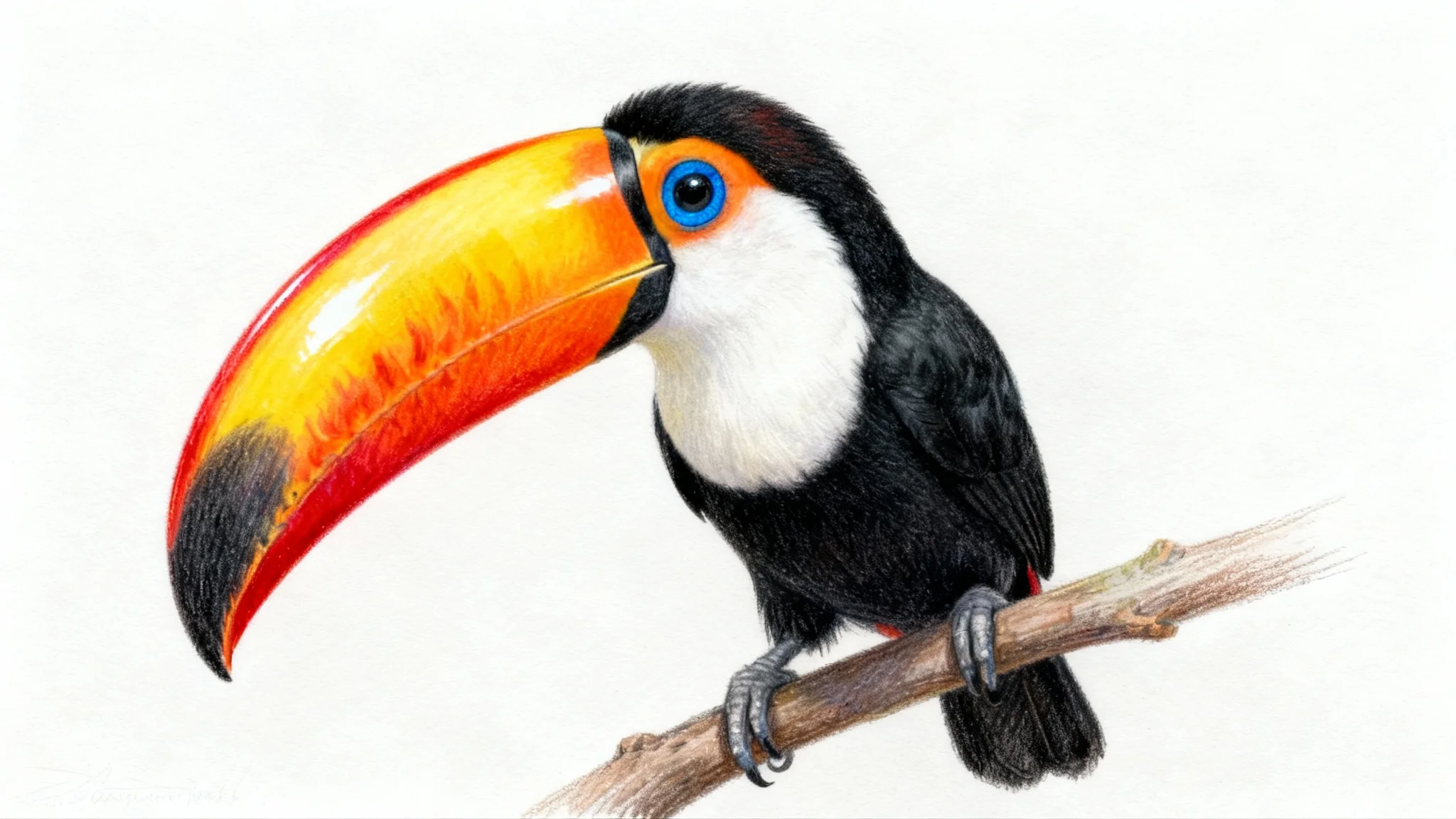 A hyper-realistic colored pencil drawing of a toucan with a vibrant orange and yellow beak, shown against a stark white background to emphasize the artistic detail.