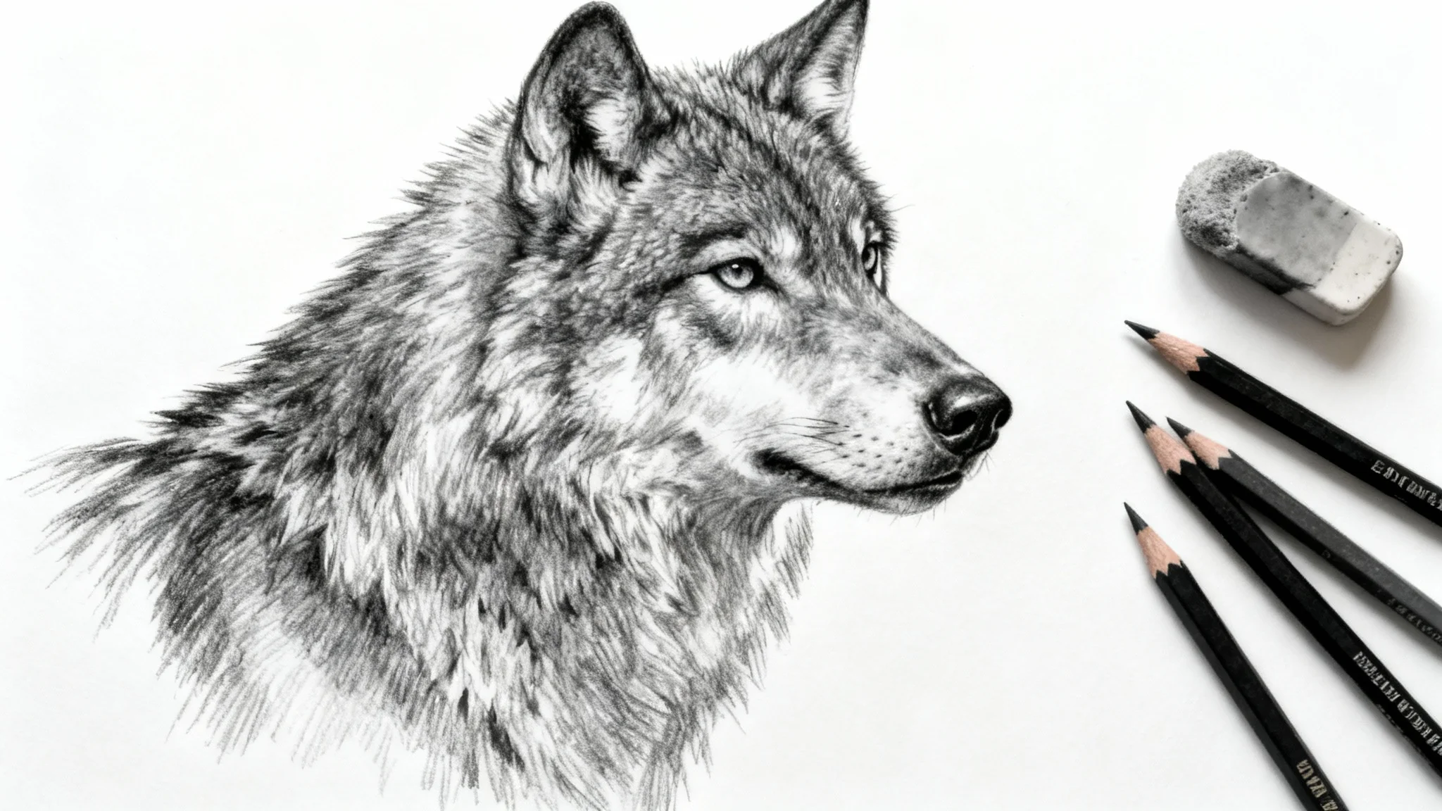 A highly detailed charcoal drawing of a wolf's head on a sheet of paper, with charcoal pencils lying next to it, set against a plain white background.