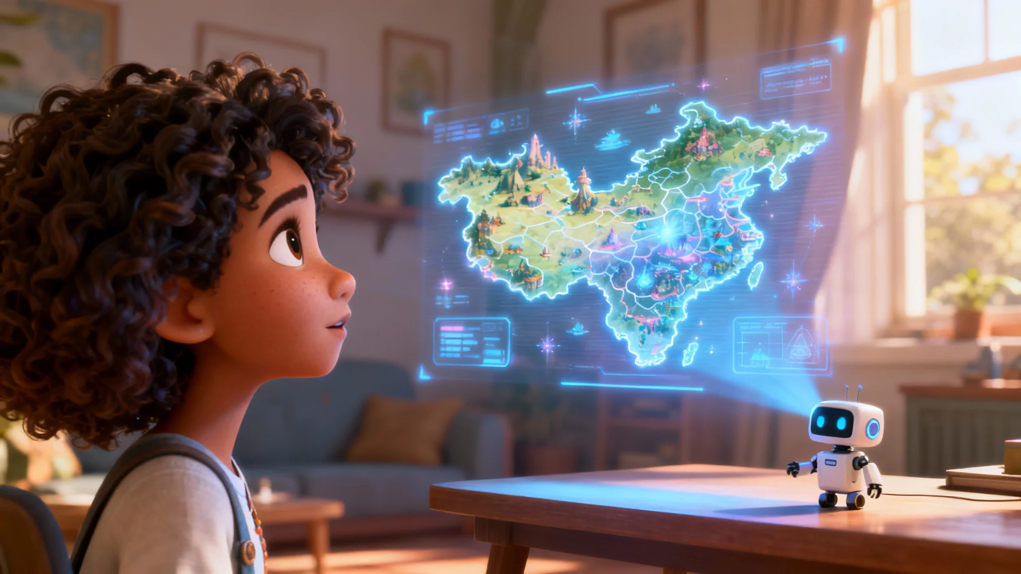 A still frame from a 3D animated story showing a young woman looking in awe at a glowing holographic map of a fantasy world, projected by a small robot in a cozy room.