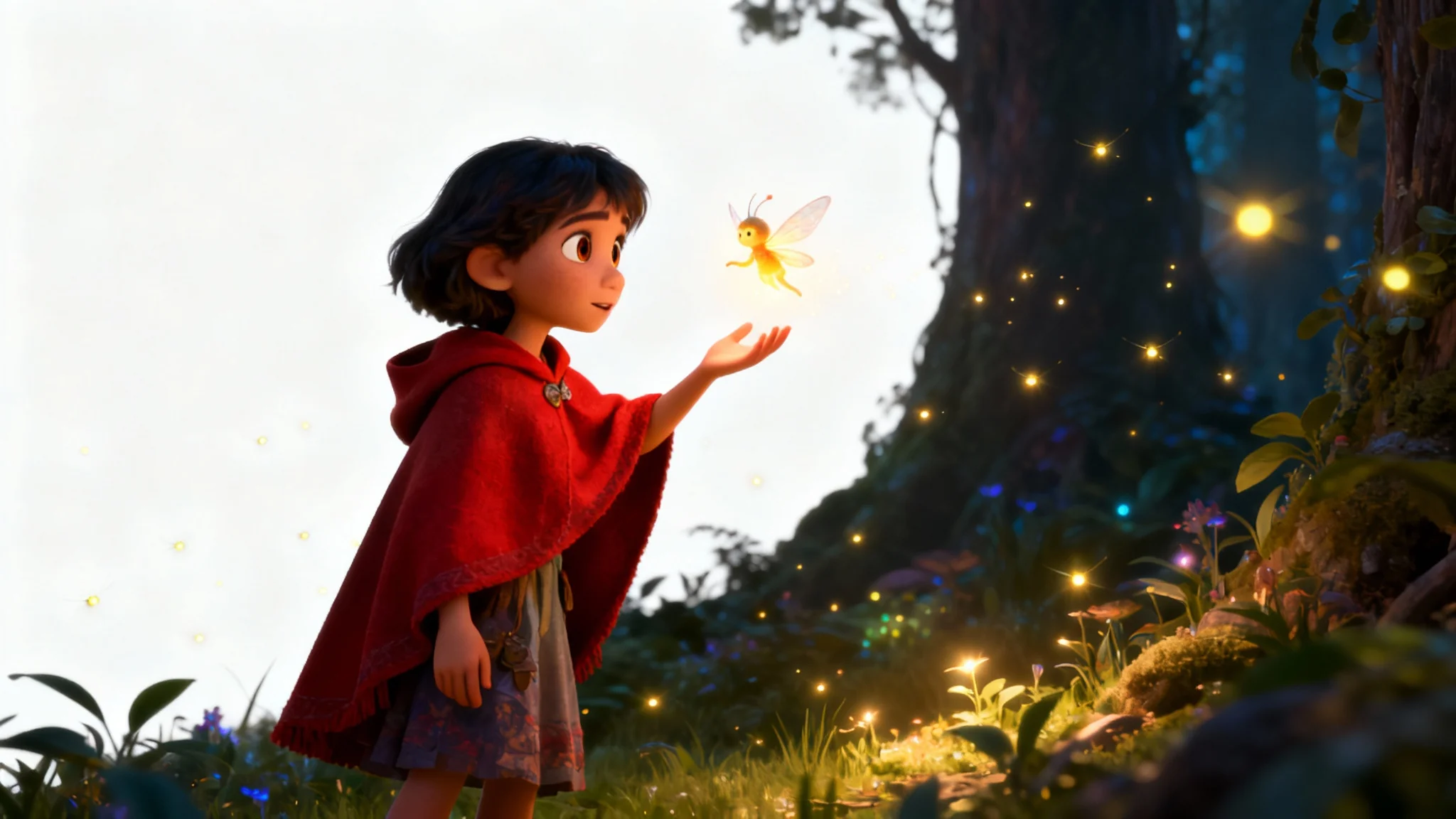 A 3D animation still of a young girl in a red cloak reaching for a small, glowing sprite in a magical forest, presented as a mockup on a white background.