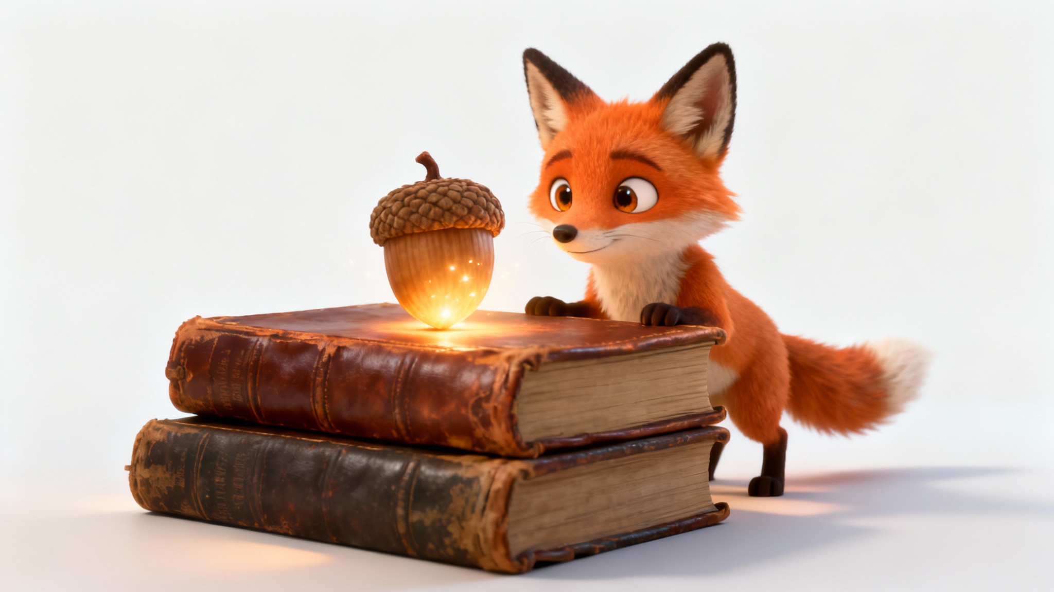 A 3D animated scene of a cute orange fox looking with wonder at a single glowing acorn resting on a pile of books, against a white background.
