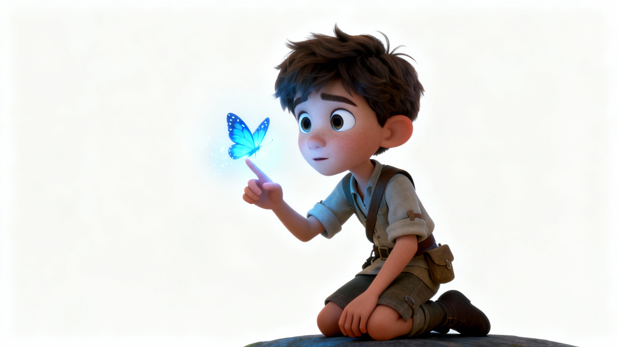 A 3D animated still of a young boy in adventurer's clothes, looking in awe at a glowing blue magical butterfly perched on his finger, set against a plain white background.