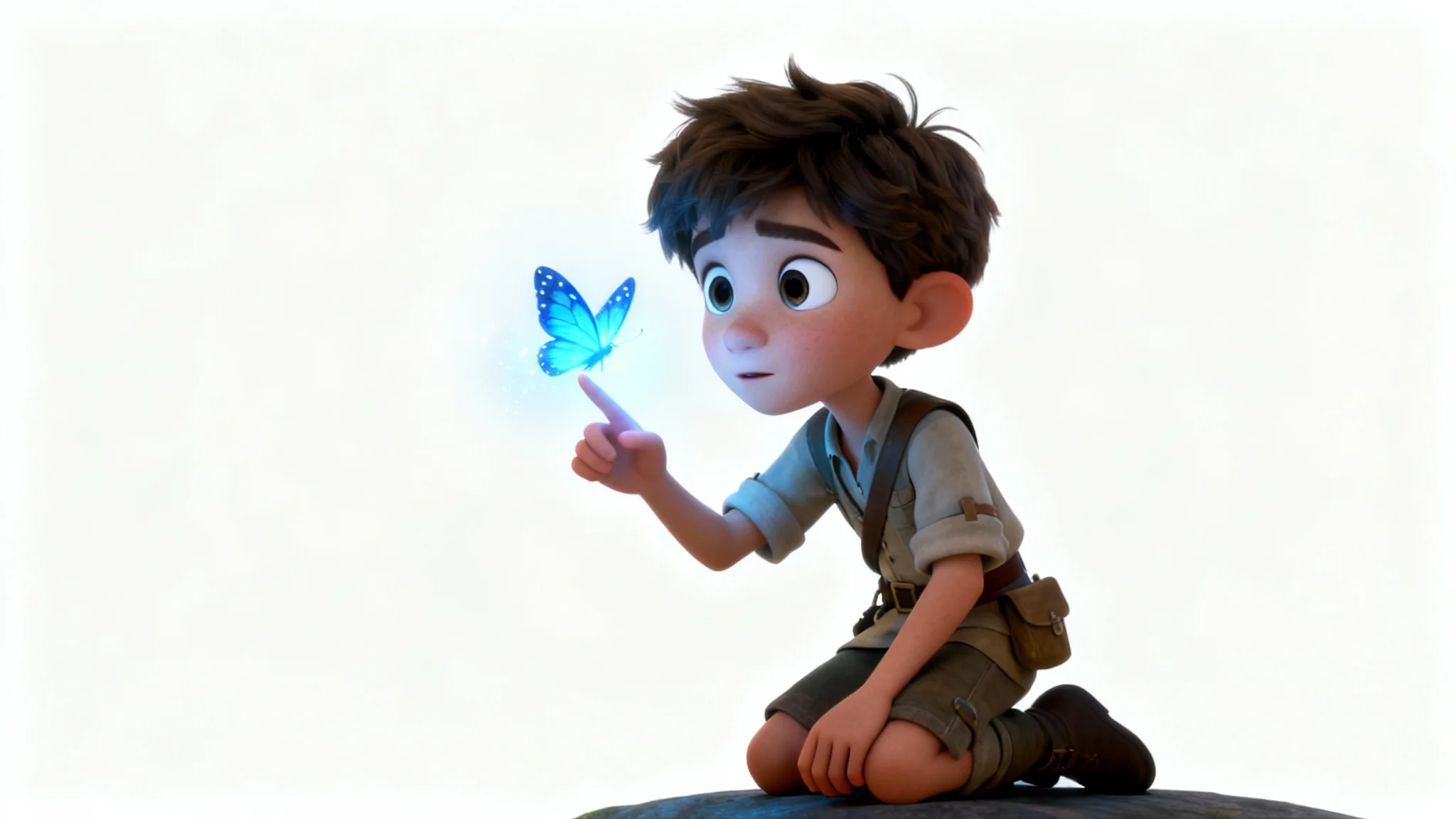 A 3D animated still of a young boy in adventurer's clothes, looking in awe at a glowing blue magical butterfly perched on his finger, set against a plain white background.