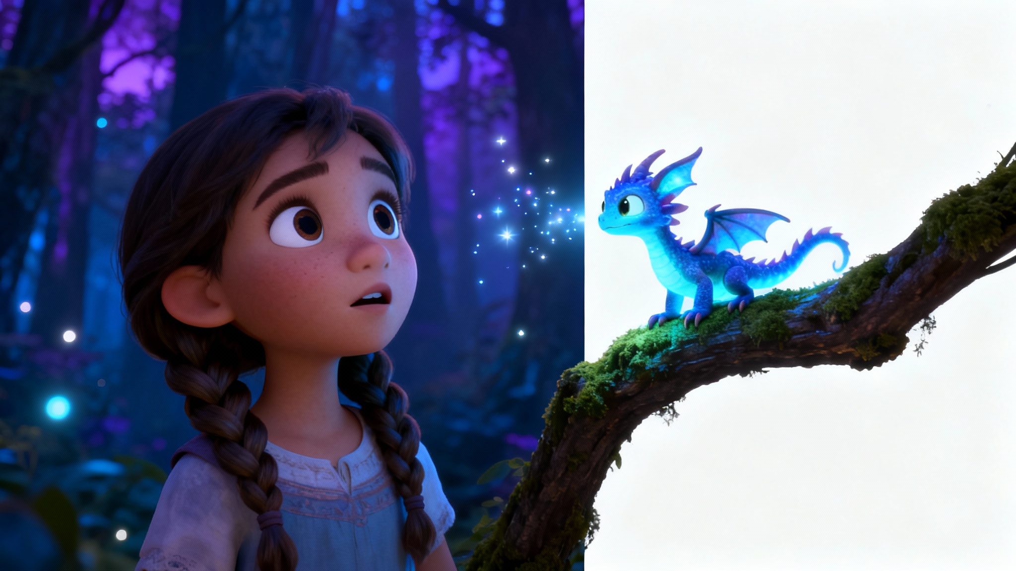 A 3D animated scene of a young girl marveling at a small, glowing, dragon-like creature in a magical forest, presented as a mockup on a white background.