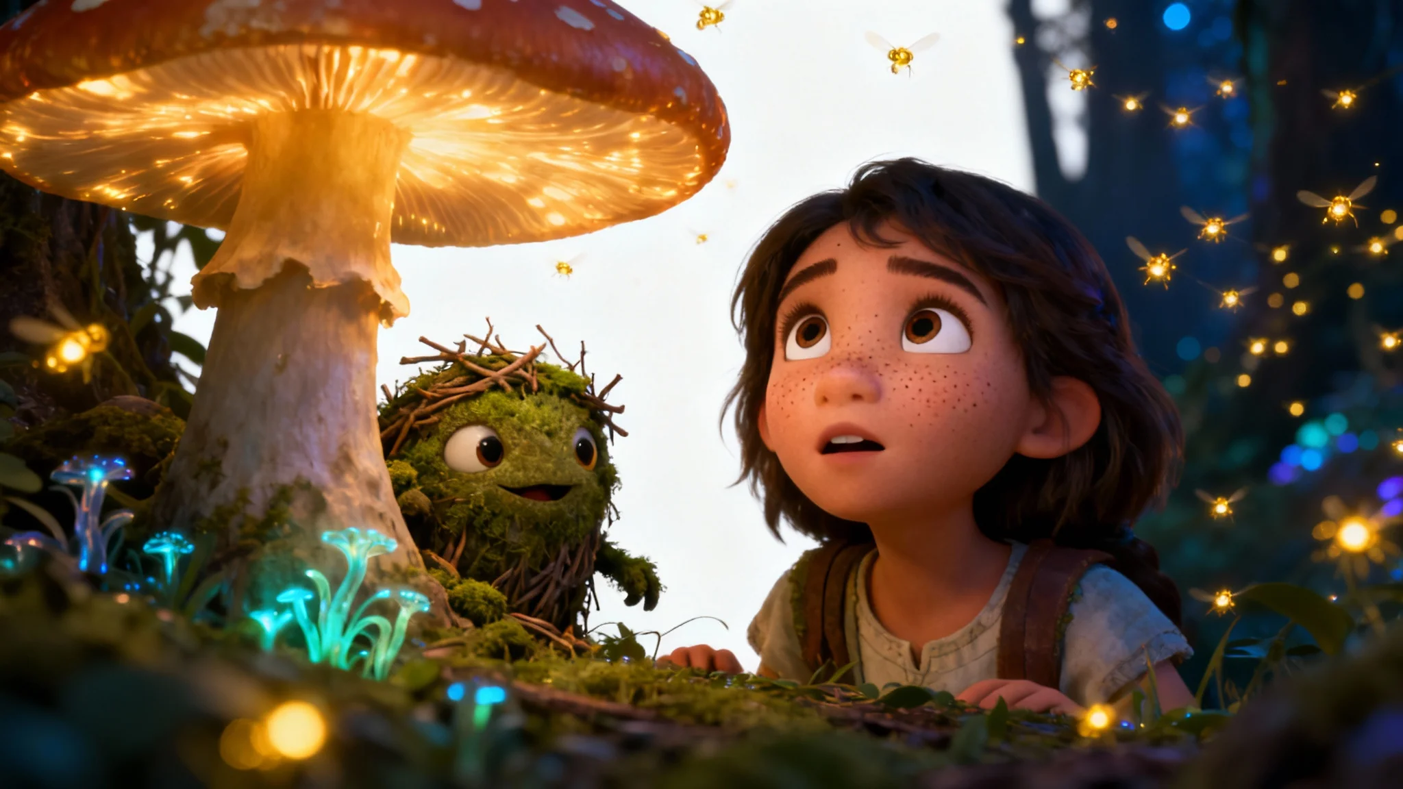 A vibrant 3D animation still of a young girl in an enchanted forest at night, her face lit with wonder as she looks at glowing fireflies and magical plants. A small moss creature peeks from behind a mushroom.