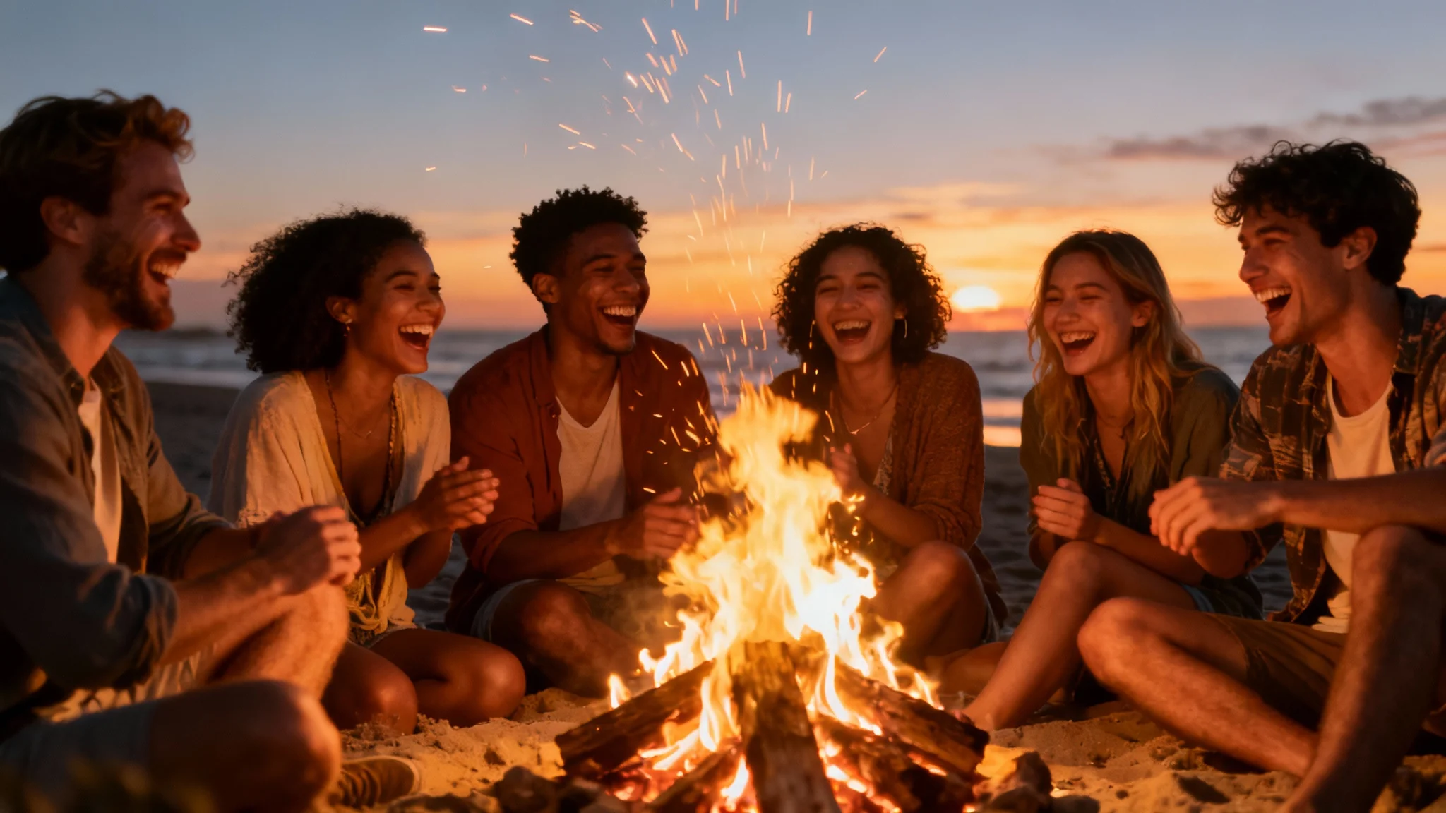 A cinematic video still of a diverse group of friends laughing around a beach bonfire at sunset, representing the high-quality final output of a script-to-video tool.