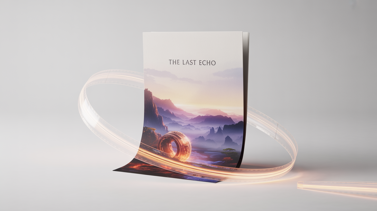 A conceptual image illustrating a script turning into a video. A piece of paper labeled 'The Last Echo' transforms into a film strip showing a cinematic fantasy landscape, representing the script-to-video process.