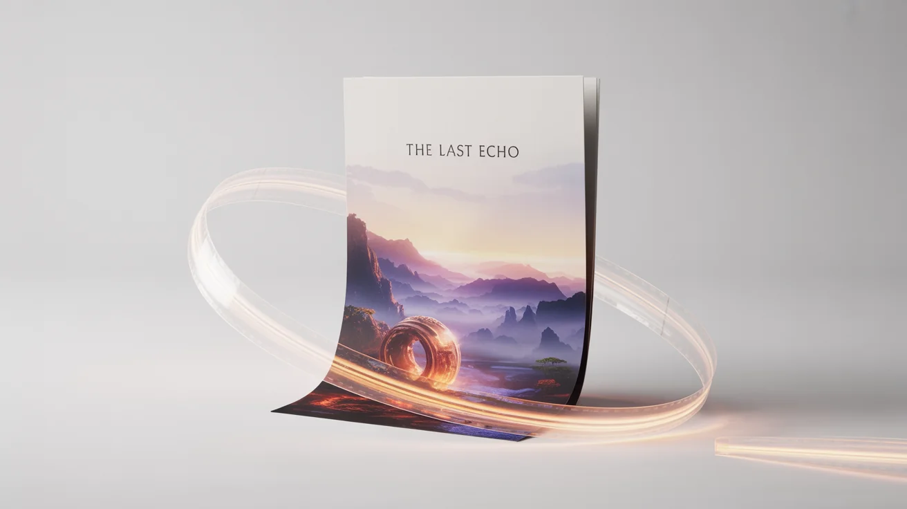 A conceptual image illustrating a script turning into a video. A piece of paper labeled 'The Last Echo' transforms into a film strip showing a cinematic fantasy landscape, representing the script-to-video process.