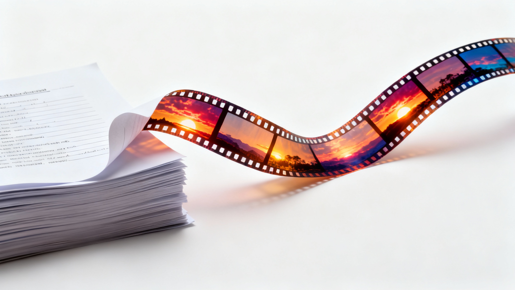 A conceptual image showing a stack of script pages transforming into a flowing film strip against a white background, symbolizing the process of turning a script into a video.