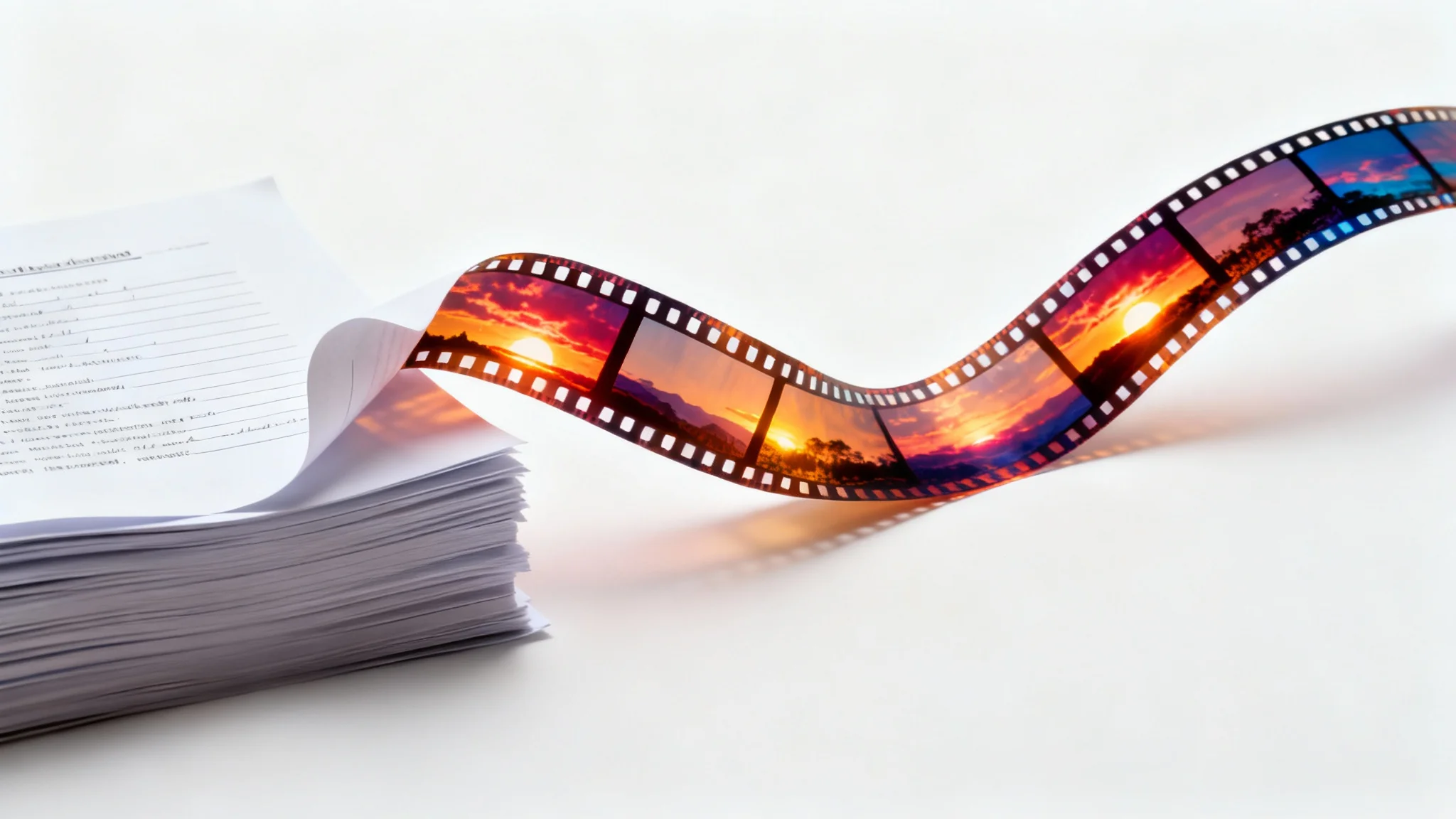 A conceptual image showing a stack of script pages transforming into a flowing film strip against a white background, symbolizing the process of turning a script into a video.