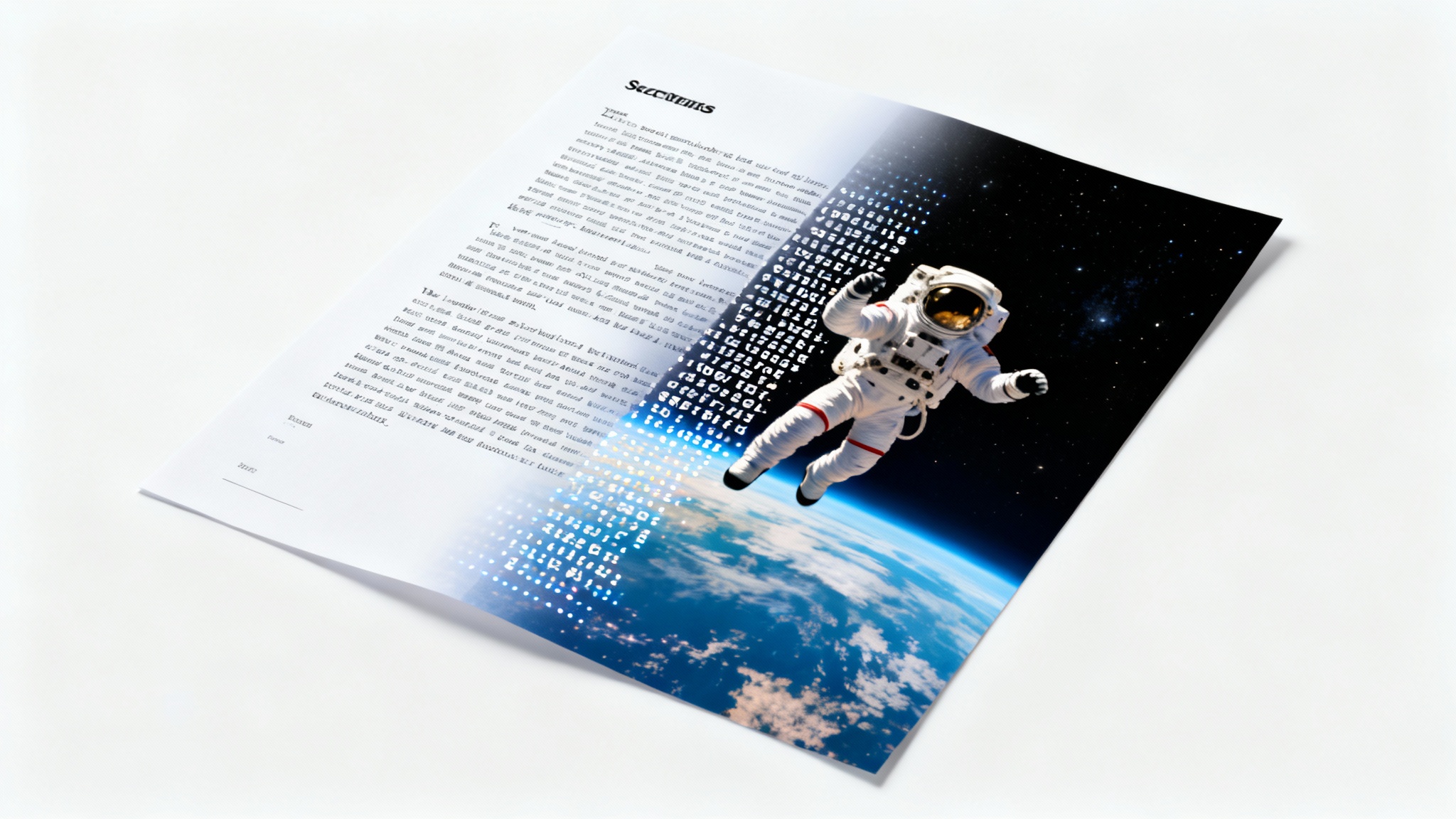A mockup image showing a script page magically transforming into a cinematic video scene of an astronaut, illustrating the script-to-video concept.