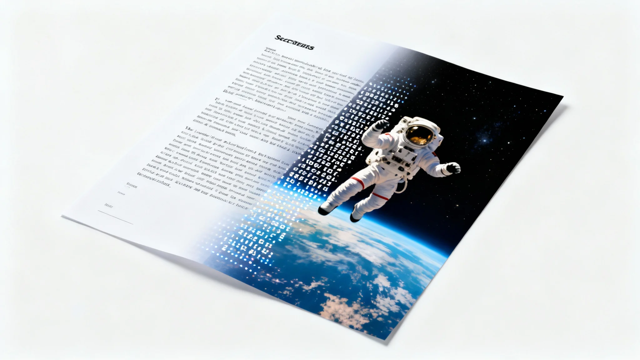 A mockup image showing a script page magically transforming into a cinematic video scene of an astronaut, illustrating the script-to-video concept.