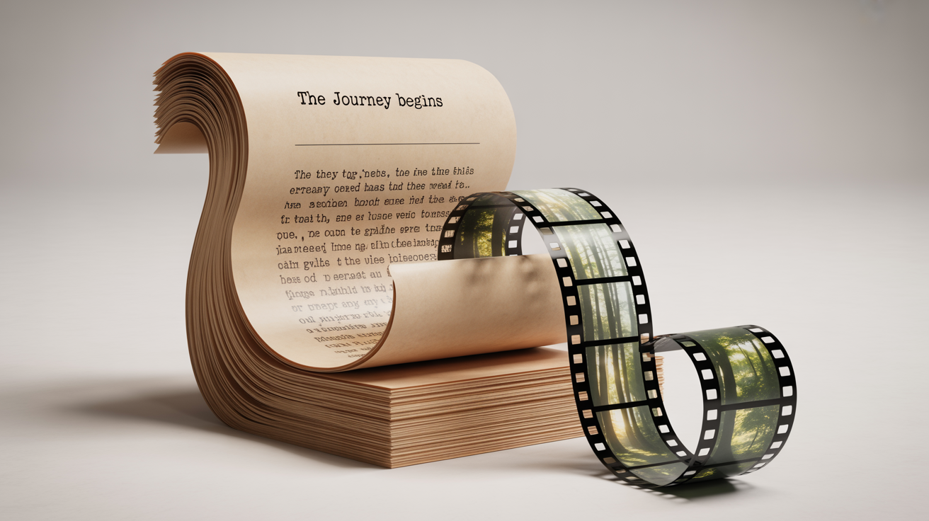 A stack of script pages magically transforming into a film strip, symbolizing the process of turning a script into a video.
