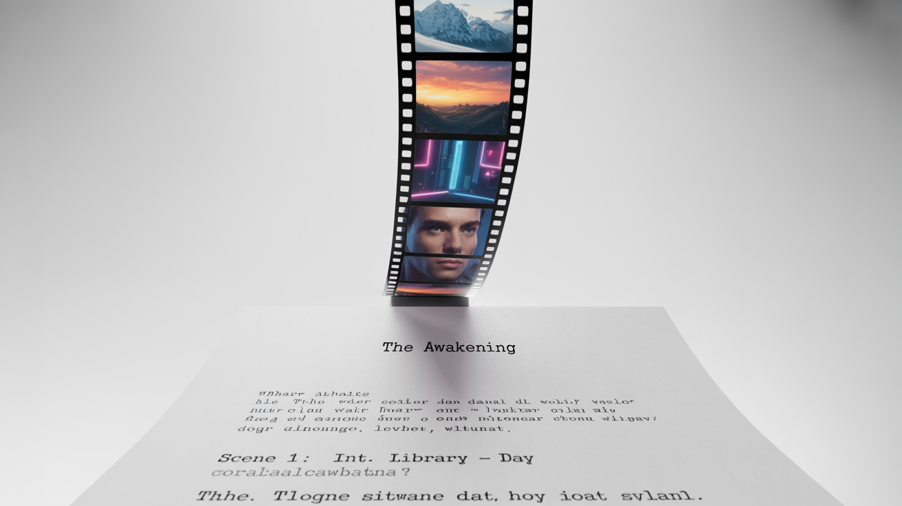 A conceptual image showing a screenplay page with the title 'The Awakening' from which a colorful film strip emerges, symbolizing the conversion of a script to a video.