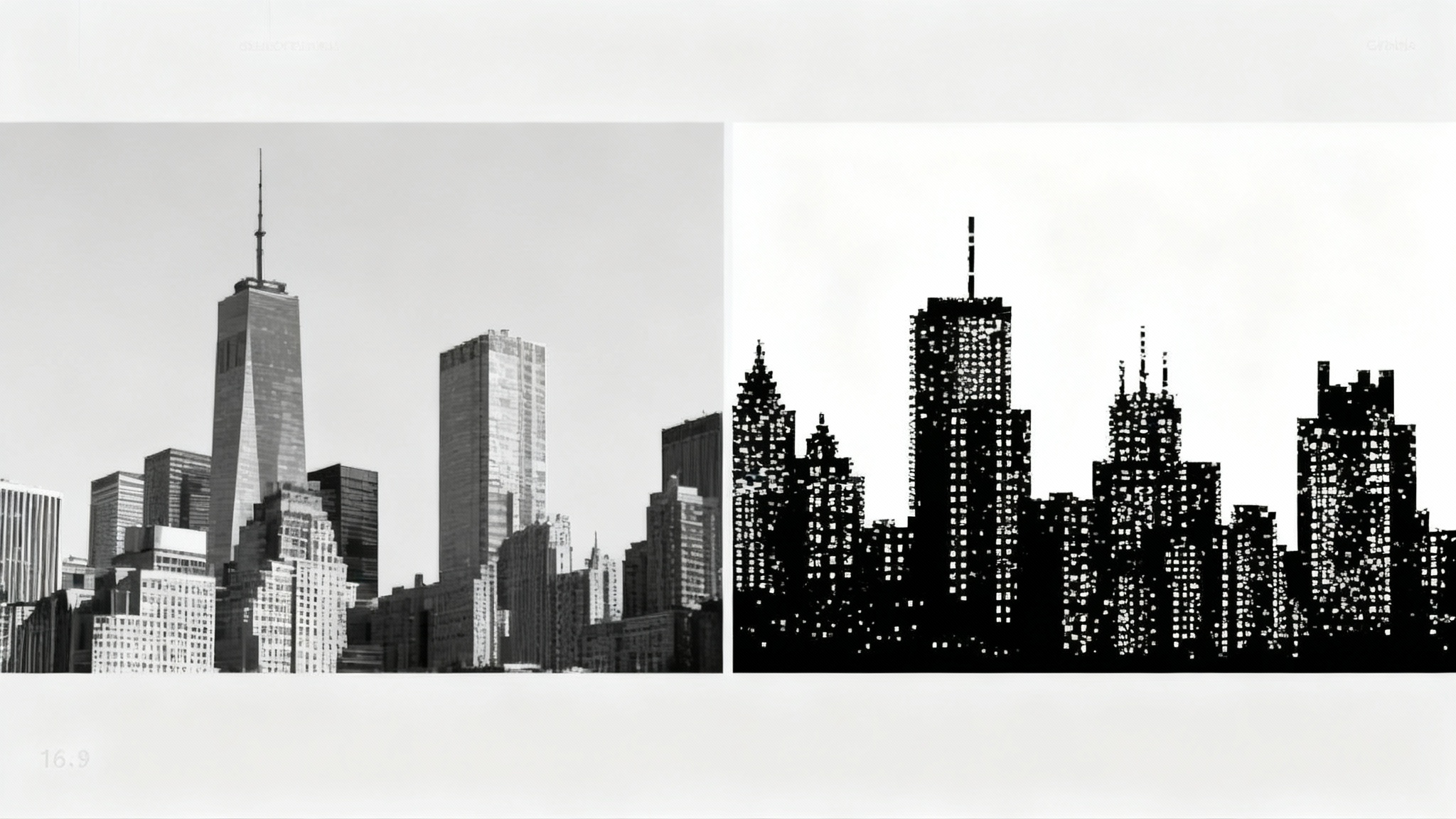A split-screen comparison showing a grayscale to bitmap effect. The left side is a grayscale photo of a city skyline. The right side shows the same skyline converted into a pixelated, blocky black and white bitmap image.