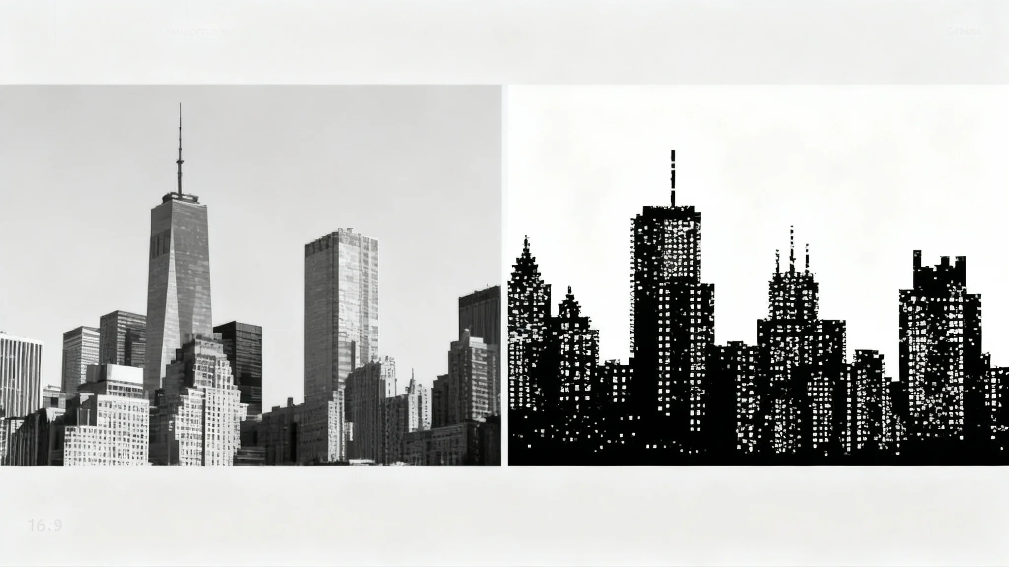 A split-screen comparison showing a grayscale to bitmap effect. The left side is a grayscale photo of a city skyline. The right side shows the same skyline converted into a pixelated, blocky black and white bitmap image.