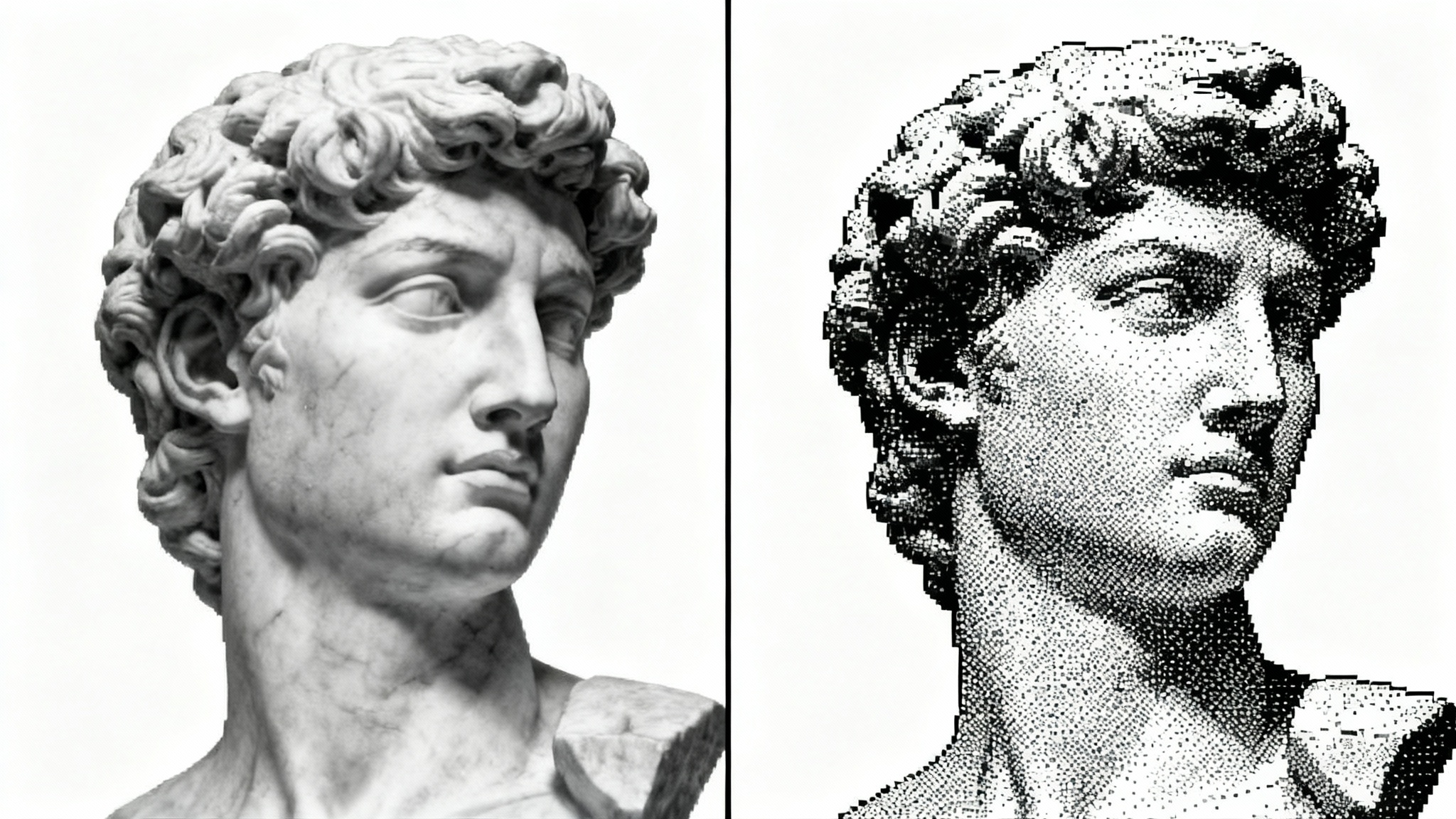A conceptual image demonstrating a grayscale to bitmap conversion. A marble bust is shown, with the left half being a smooth grayscale photo and the right half a pixelated, dithered black and white bitmap, set against a white background.