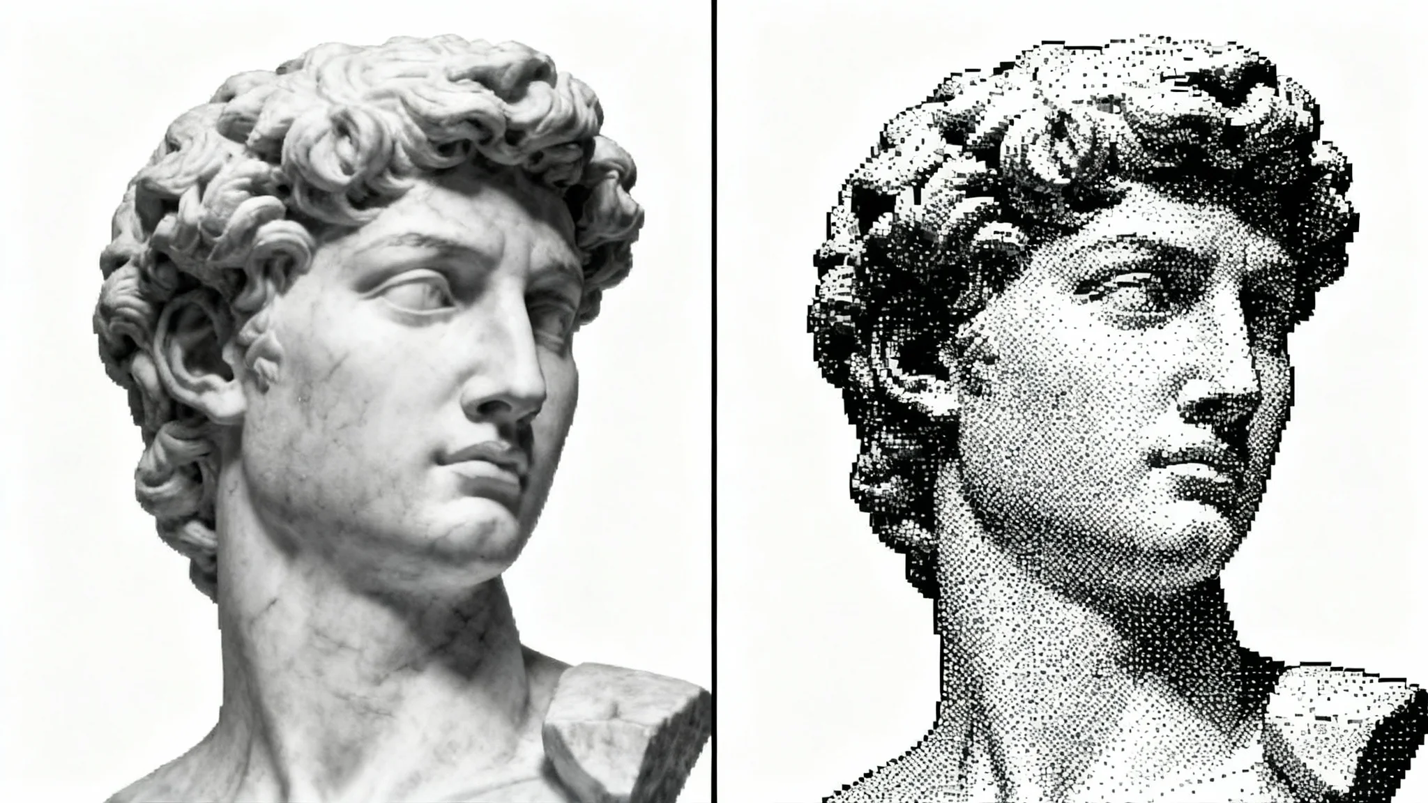 A conceptual image demonstrating a grayscale to bitmap conversion. A marble bust is shown, with the left half being a smooth grayscale photo and the right half a pixelated, dithered black and white bitmap, set against a white background.