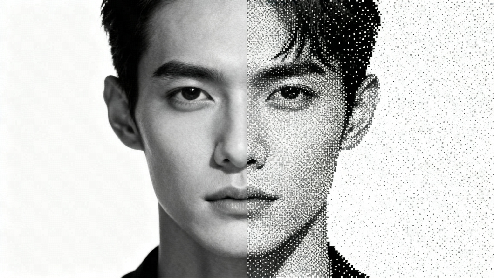 A portrait of a woman split in two: the left half is a smooth grayscale photograph, while the right half is the same image converted to a pixelated black-and-white bitmap, demonstrating the conversion process.