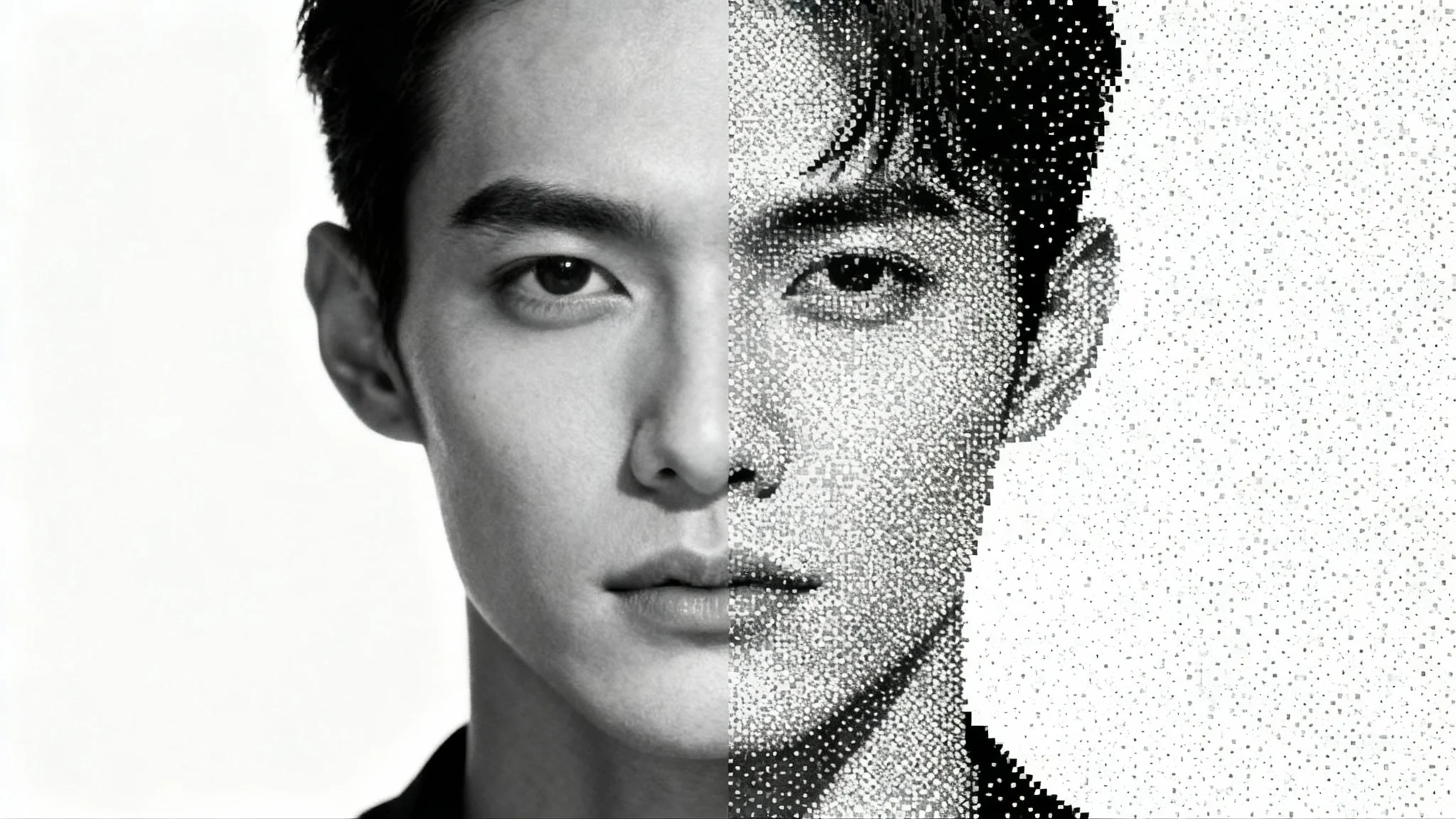 A portrait of a woman split in two: the left half is a smooth grayscale photograph, while the right half is the same image converted to a pixelated black-and-white bitmap, demonstrating the conversion process.