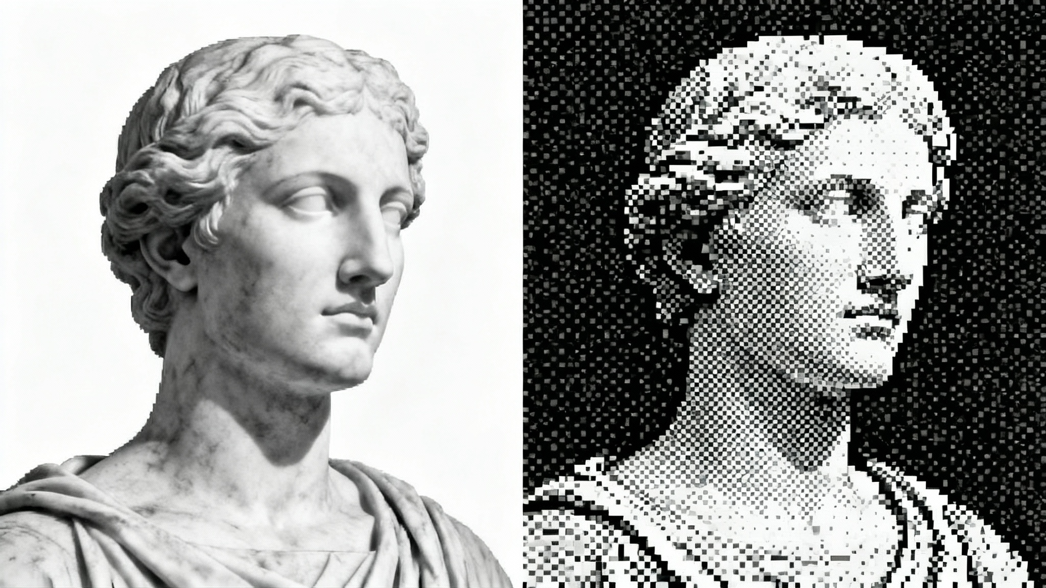 A split-screen image showing the conversion from grayscale to bitmap. The left side is a smooth grayscale photo of a marble statue, while the right side is the same statue in a pixelated, high-contrast black and white bitmap style.