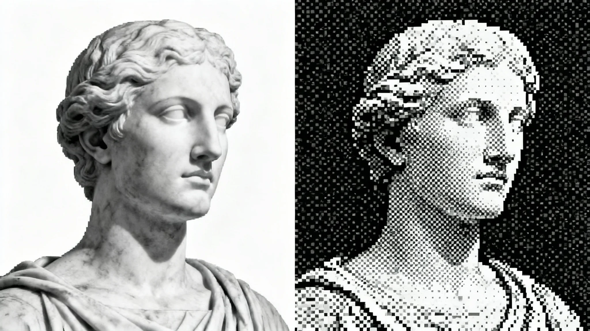 A split-screen image showing the conversion from grayscale to bitmap. The left side is a smooth grayscale photo of a marble statue, while the right side is the same statue in a pixelated, high-contrast black and white bitmap style.