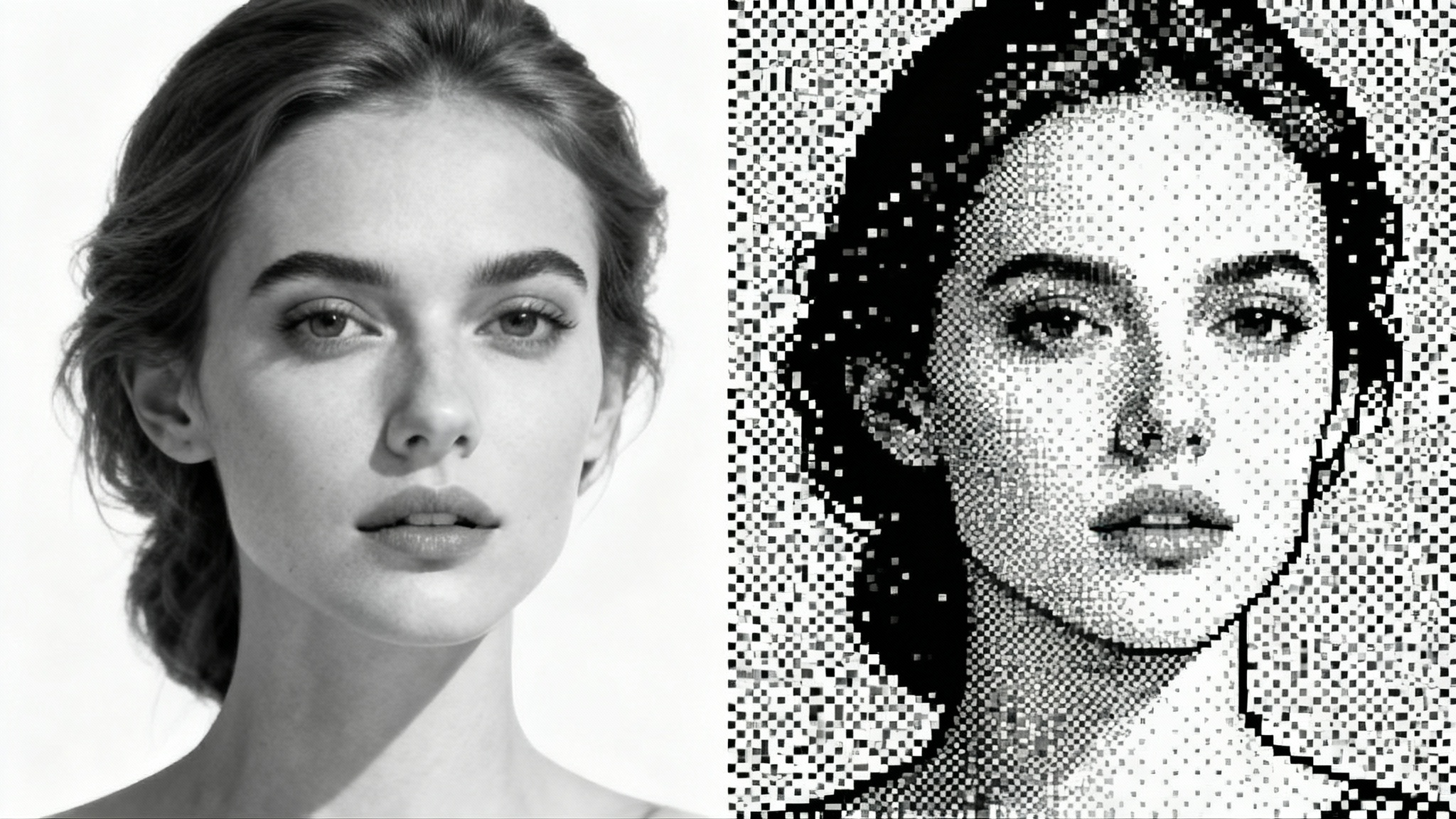 A conceptual image demonstrating a grayscale to bitmap conversion. A woman's portrait is split vertically; the left side is a smooth grayscale photo, and the right side is a high-contrast, pixelated black and white bitmap version.