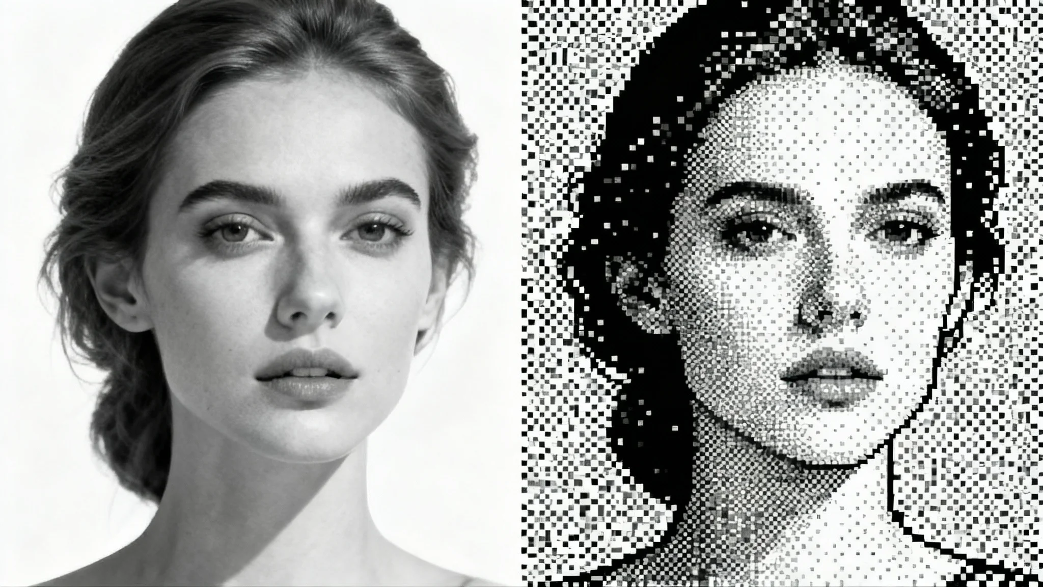 A conceptual image demonstrating a grayscale to bitmap conversion. A woman's portrait is split vertically; the left side is a smooth grayscale photo, and the right side is a high-contrast, pixelated black and white bitmap version.