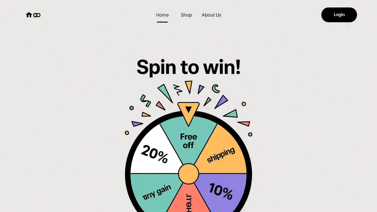 A vibrant digital prize wheel spinner on a website, having just landed on the '20% OFF' segment, with a celebratory burst of confetti.