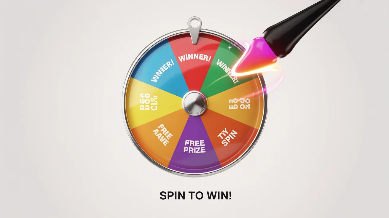 A colorful 3D rendered prize wheel spinner with a pointer landing on the 'WINNER!' segment, isolated on a white background.