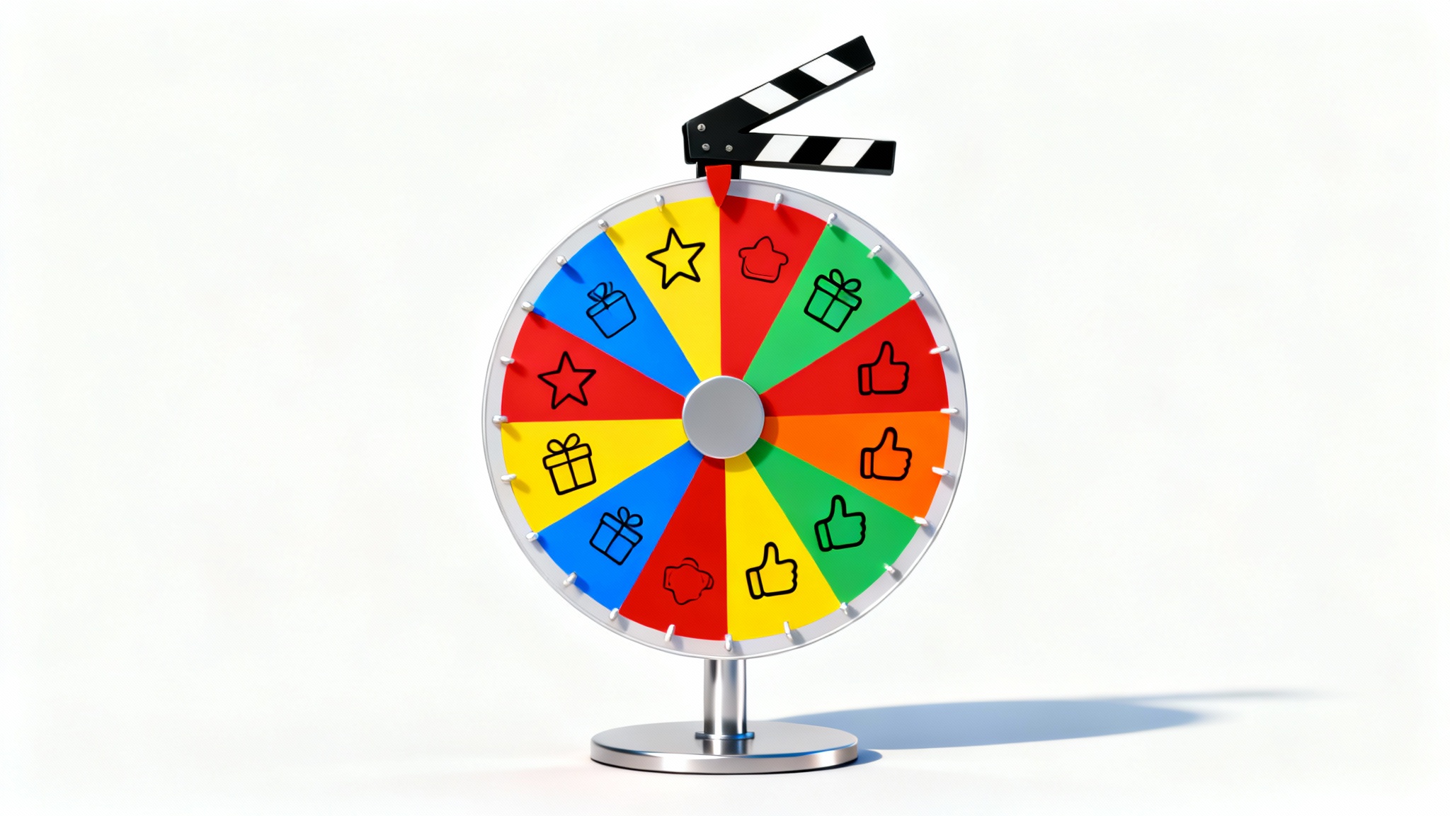A colorful, modern prize wheel with icons on its segments, shown against a plain white background in a studio setting.