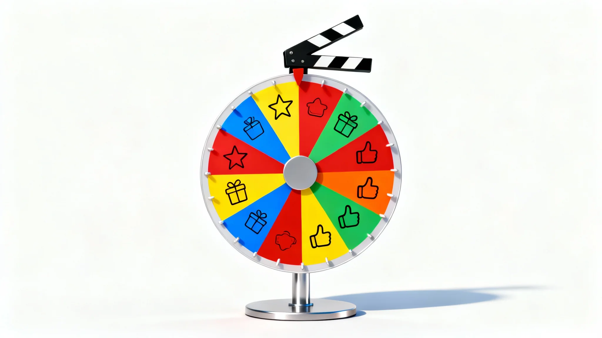 A colorful, modern prize wheel with icons on its segments, shown against a plain white background in a studio setting.
