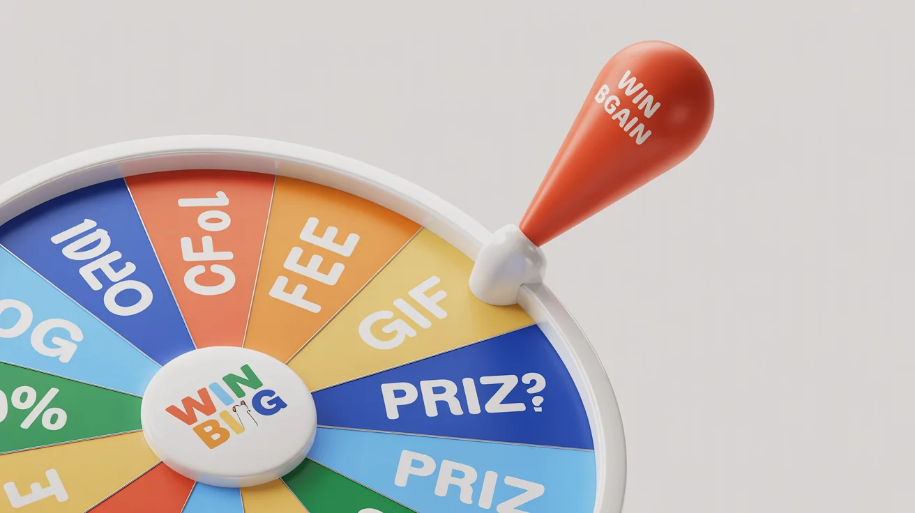 A colorful, modern prize wheel with various prize options written on each segment, isolated on a white background.