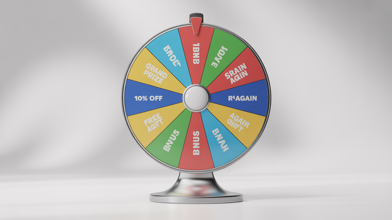 A colorful, glossy prize wheel spinner with various prize segments like 'Grand Prize' and '10% Off', standing on a sleek stand against a plain white background.