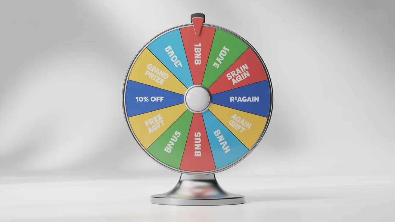 A colorful, glossy prize wheel spinner with various prize segments like 'Grand Prize' and '10% Off', standing on a sleek stand against a plain white background.