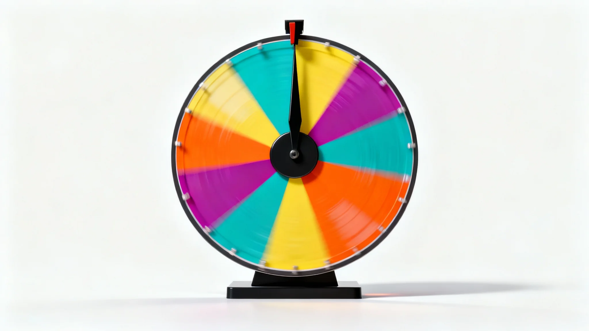 A colorful and modern prize wheel spinner with a black pointer, shown spinning against a plain white background.