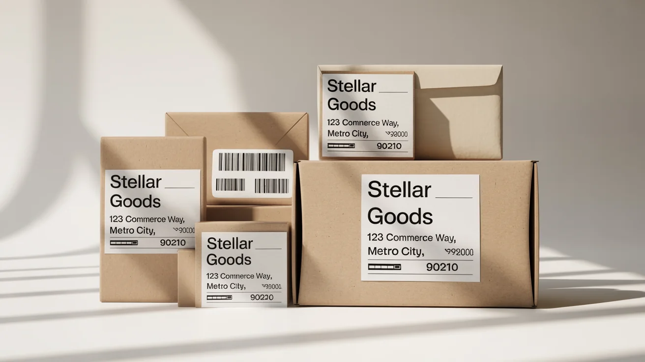 A professional mockup of several packages and mailers with custom-branded shipping labels for 'STELLAR GOODS' on a clean white background.