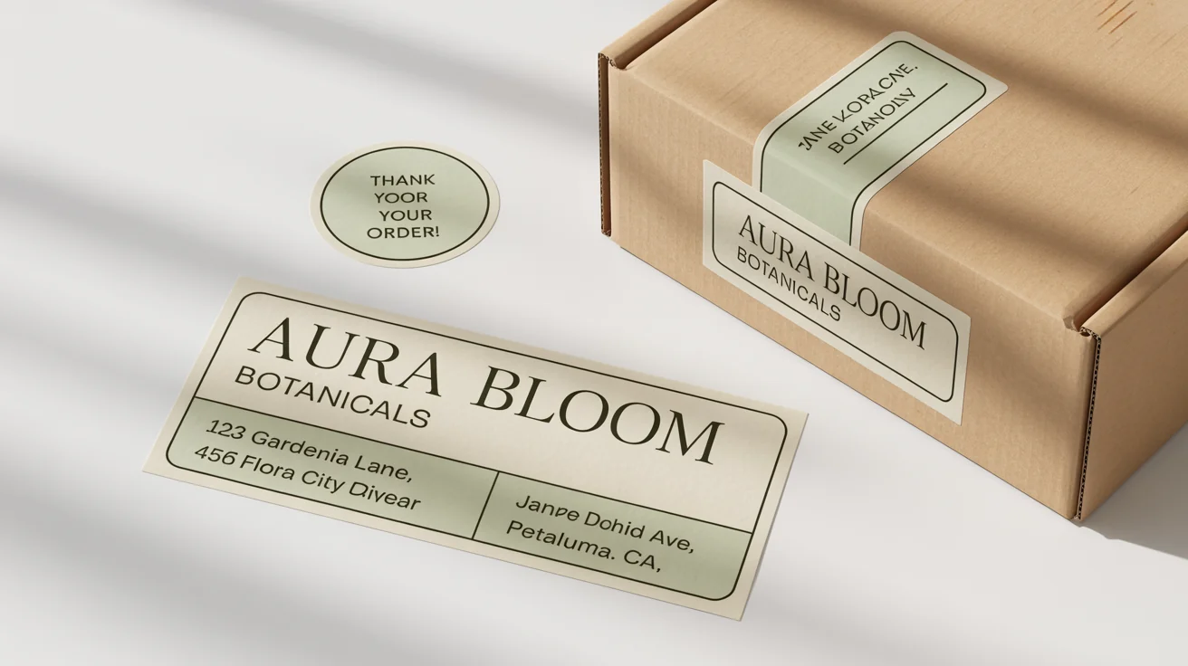 A professional mockup of custom branded shipping labels for an e-commerce business, arranged on a white background with one label attached to a cardboard box.