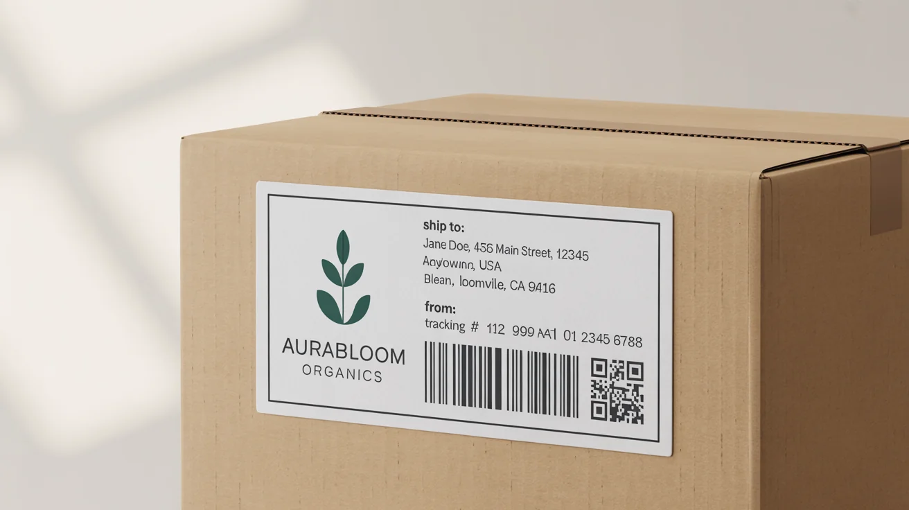 A professional, branded shipping label for a fictional company 'AuraBloom Organics' affixed to a cardboard box, set against a plain white background to illustrate a business shipping its products.