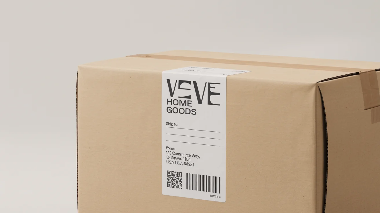 A professional branded shipping label for 'Verve Home Goods' affixed to a cardboard box against a clean white background.