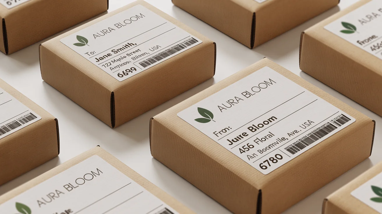 A stack of cardboard shipping boxes, each with a professional, custom-branded 'Aura Bloom' shipping label, on a clean white background.